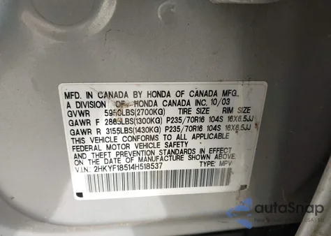 2004 Honda Pilot Ex-L z USA, uszkodzony, nr VIN 2HKYF18514H518537